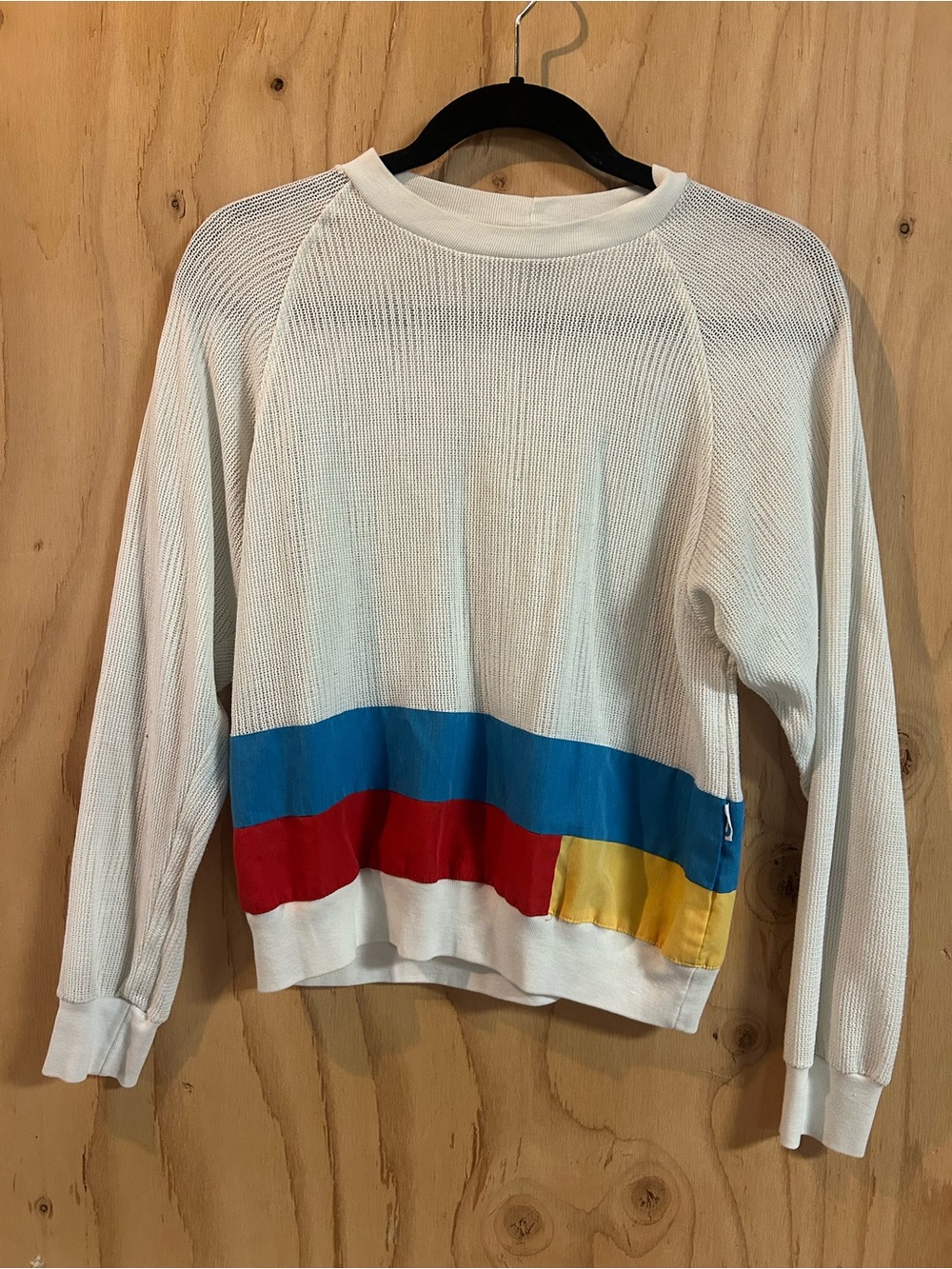 Nike White Crewneck Sweater with Blue, Red & Yellow Stripes